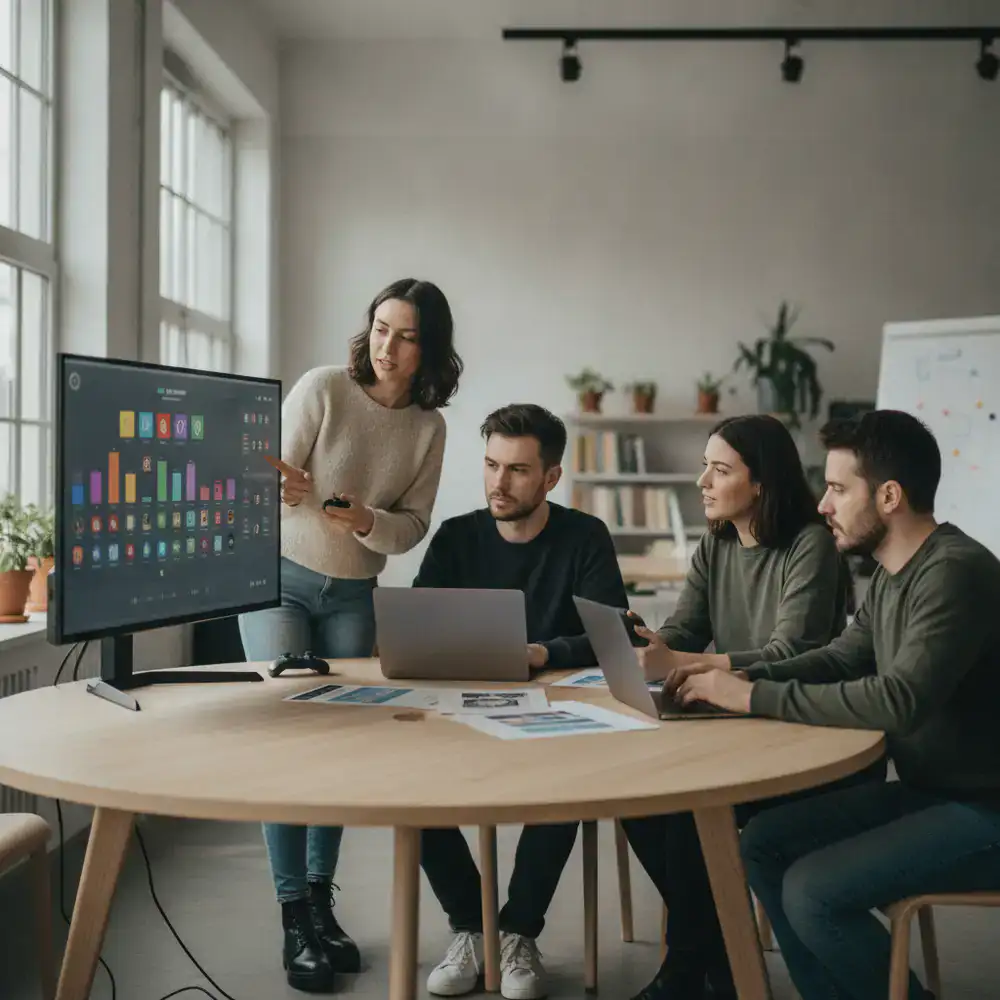 Equipo de desarrollo trabajando en el balance del juego